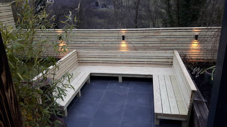 Southern Yellow Pine seating and fence; Cheshire; porcelain paving